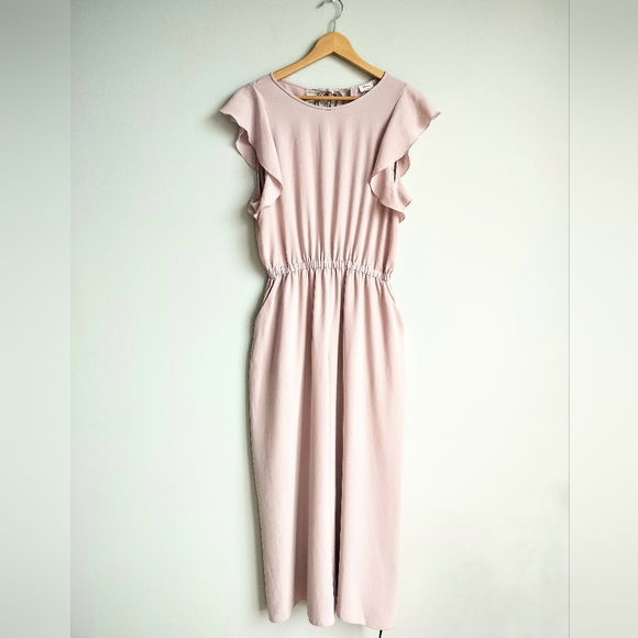 NWOT Aritzia Wilfred Ruffle Sleeve Pink Blush Fleurette Wide Leg Jumpsuit sz. L - Picture 4 of 14